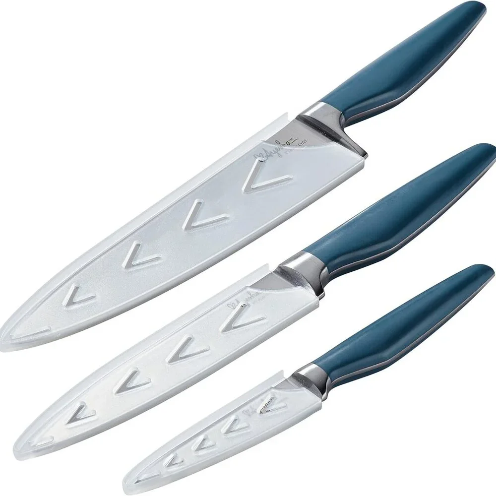 3pc Ayesha Curry Cutlery Japanese Steel Cooking Knife Set in Twilight Teal Blue